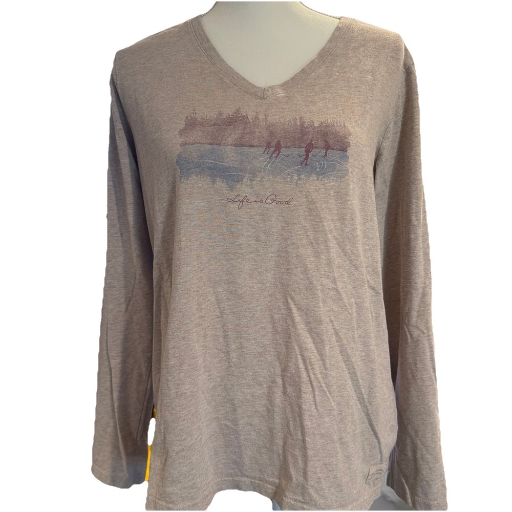 Life Is Good L/S Crusher T-shirt Womens Size Large Ice Hockey Heathered Brown